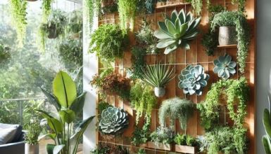Jardim vertical com vasos de diversos tipos de plantas de interior