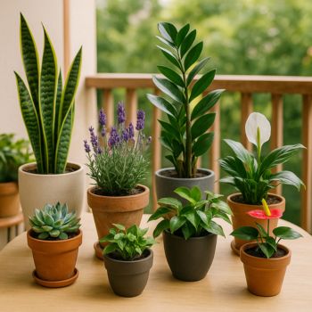 vasos em cima de bancada com plantas variadas
