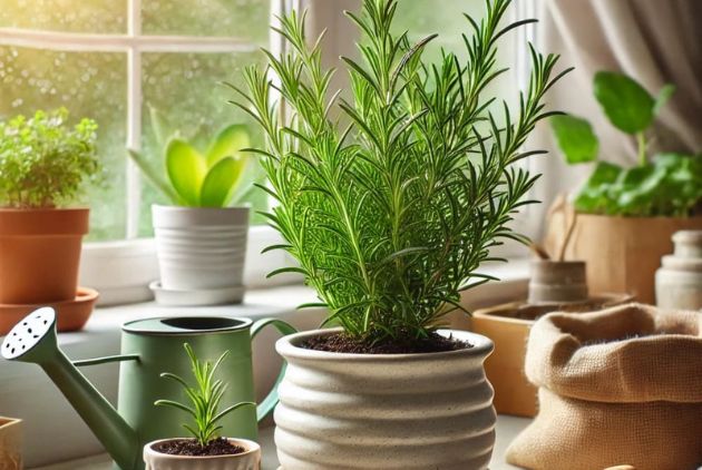 vaso com alecrim para cultivar em casa , perto a janela para obter claridade junto com regador e outros vasos