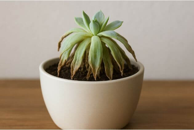 vaso branco com planta suculenta murcha 